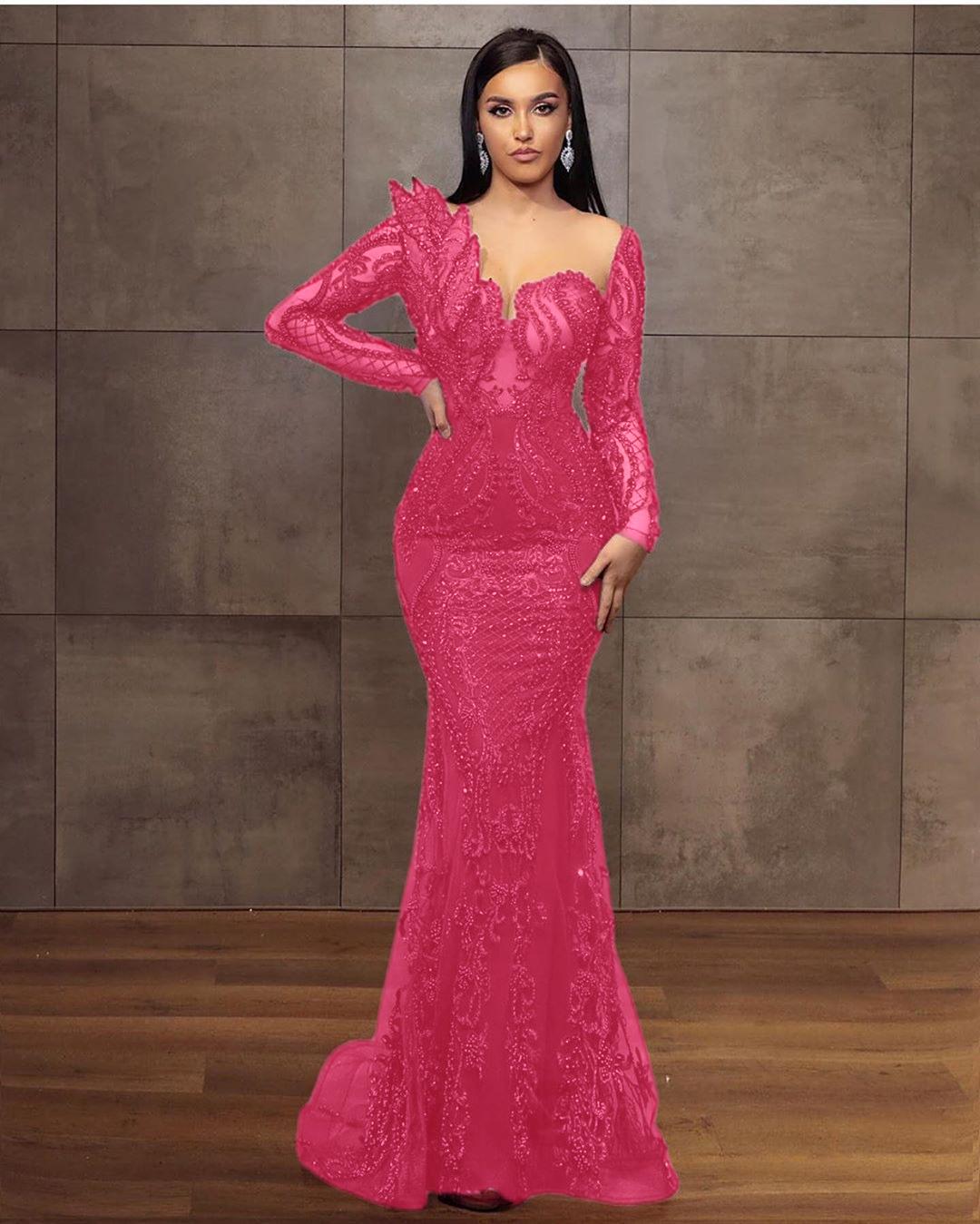 Elegant Long Sleeves Tulle Red Lace Appliques Mermaid Evening Dresses