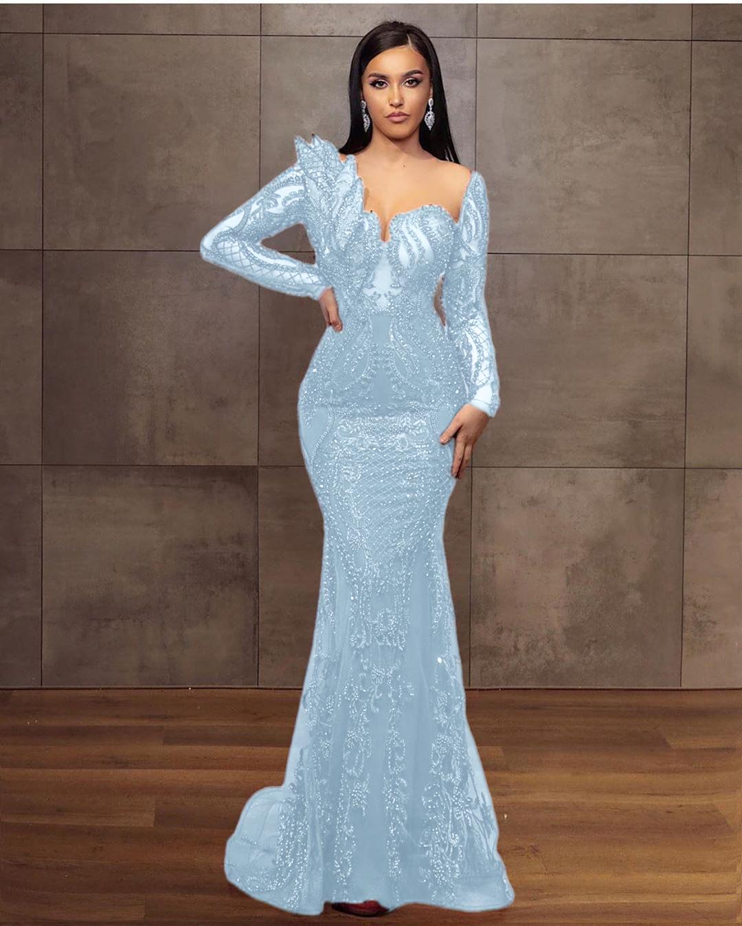 Elegant Long Sleeves Tulle Red Lace Appliques Mermaid Evening Dresses