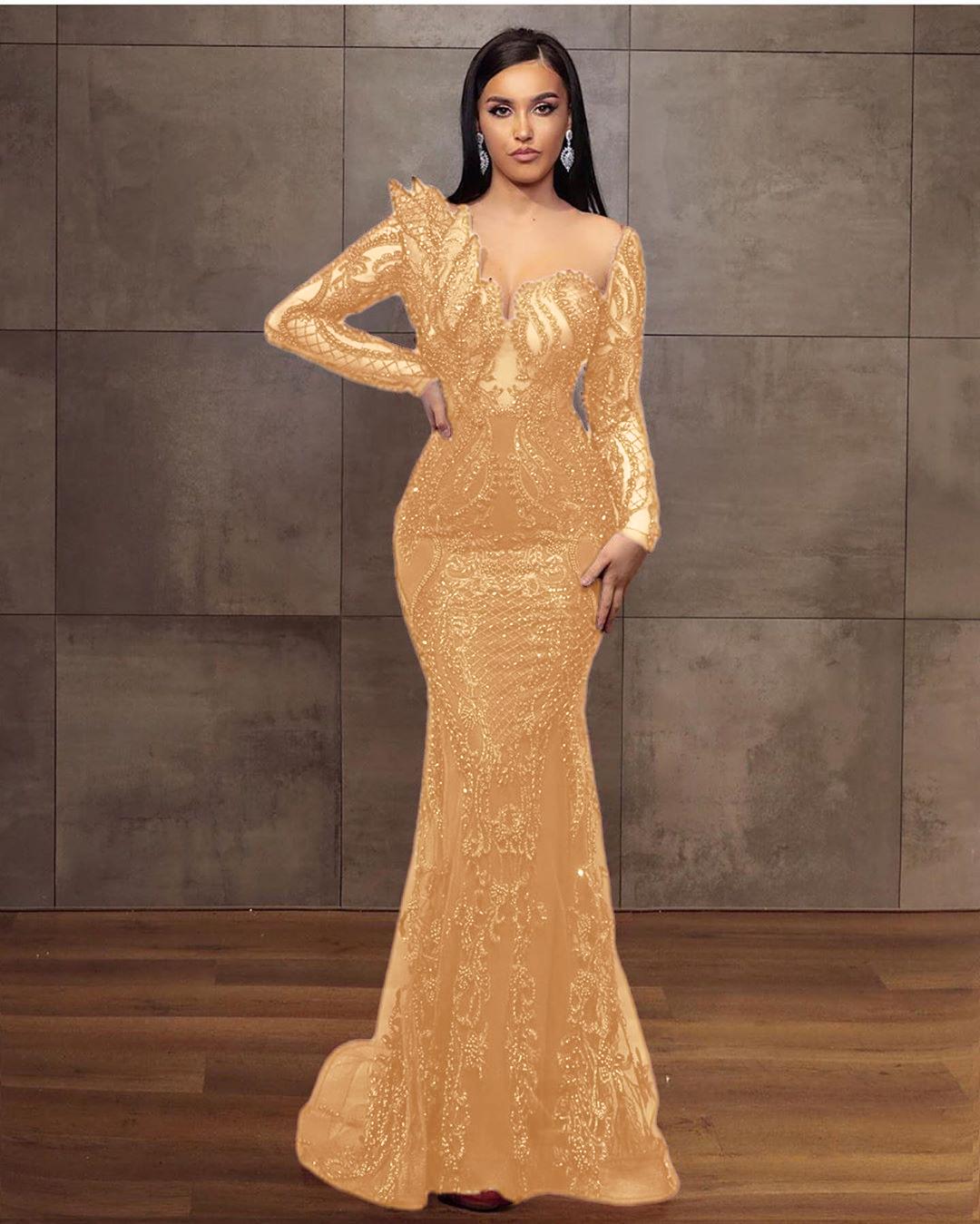 Elegant Long Sleeves Tulle Red Lace Appliques Mermaid Evening Dresses