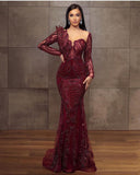 Elegant Long Sleeves Tulle Red Lace Appliques Mermaid Evening Dresses