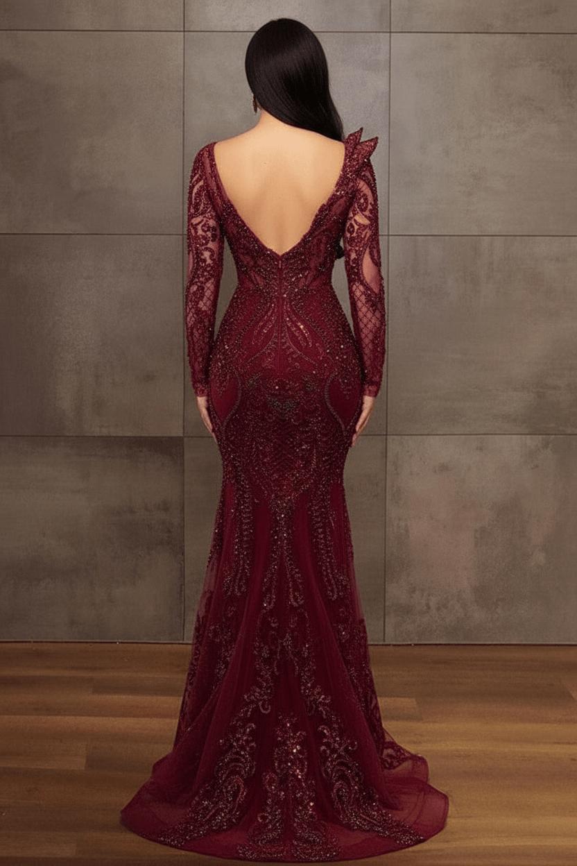 Elegant Long Sleeves Tulle Red Lace Appliques Mermaid Evening Dresses