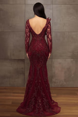 Elegant Long Sleeves Tulle Red Lace Appliques Mermaid Evening Dresses