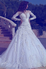 Elegant Long Sleeves Tulle Wedding Dresses | Sexy Sheer Appliques Wedding Dress Online