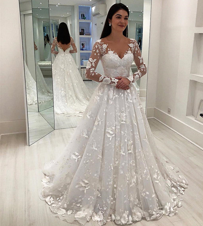 Elegant Long Sleeves V-Neck A-Line Wedding Dress | Lace Appliques Sweep Train Bridal Gown On Sale | Suzhoufashion Elegant Long Sleeves V-Neck A-Line Wedding Dress | Lace Appliques Sweep Train Bridal Gown On Sale | Suzhoufashion