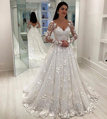 Elegant Long Sleeves V-Neck A-Line Wedding Dress | Lace Appliques Sweep Train Bridal Gown On Sale