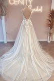 Elegant Long V-Neck Sleeveless Lace Backless Bridal Dress