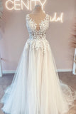 Elegant Long V-Neck Sleeveless Lace Backless Bridal Dress