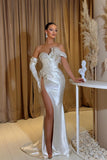 Elegant Long White Mermaid Glitter Sleeveless Prom Dresses With Split