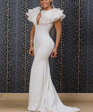 Elegant Long White Mermaid V-neck Sleeveless Prom Dresses With Ruffles
