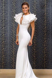 Elegant Long White Mermaid V-neck Sleeveless Prom Dresses With Ruffles