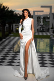 Elegant Long White One Shoulder Sleeveless Prom Dresses With Pearls