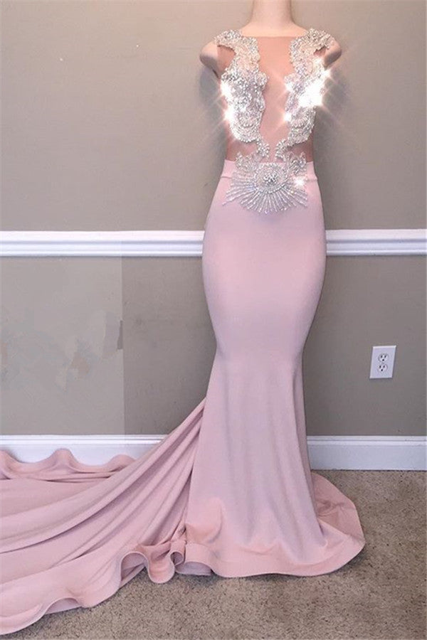 Elegant Mermaid Beads Appliques Prom Dresses | Sheer Tulle Sleeveless Evening Gowns