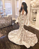 Elegant Mermaid Lace Appliques Prom Dresses | Long Sleeve Sheer Tulle Evening Dresses