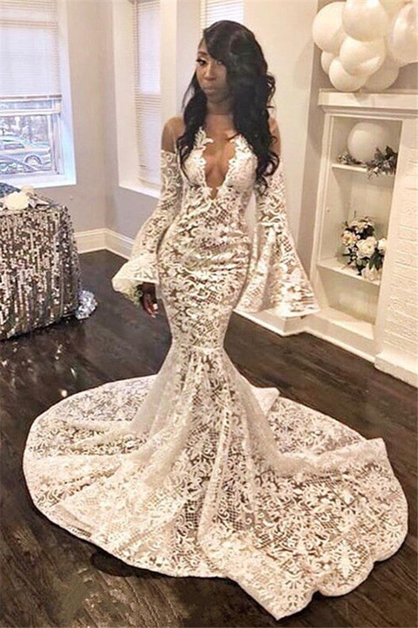 Elegant Mermaid Lace Appliques Prom Dresses | Long Sleeve Sheer Tulle Evening Dresses