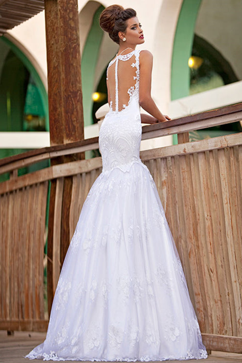 Elegant Mermaid Lace Wedding Dresses Jewel Sleeveless Floor Length ...