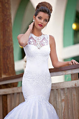 Elegant Mermaid Lace Wedding Dresses Jewel Sleeveless Floor Length Bridal Gowns