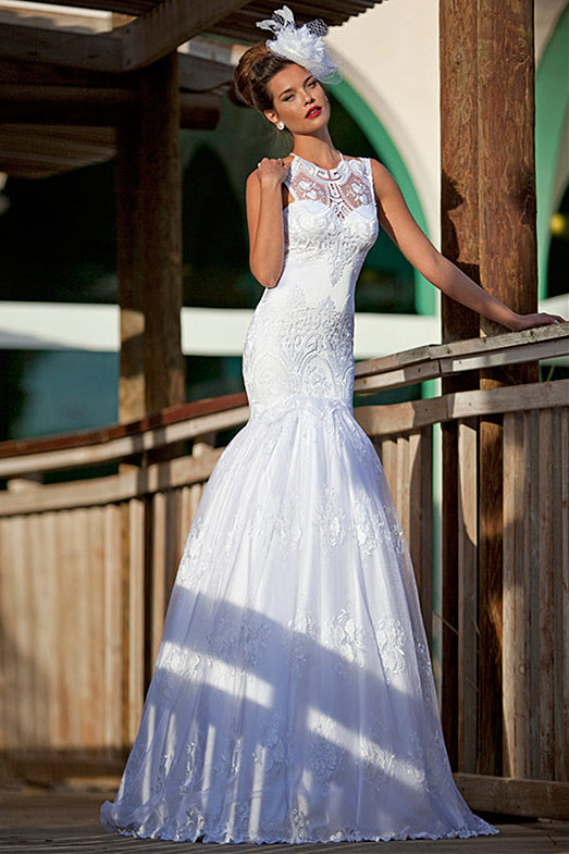 Elegant Mermaid Lace Wedding Dresses Jewel Sleeveless Floor Length ...