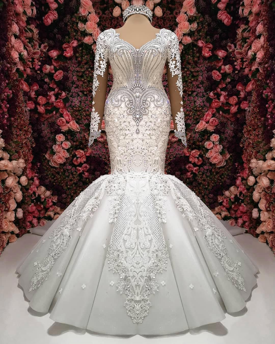 Elegant Mermaid Long Sleeves Wedding Dresses | Lace Appliques Crystal Sexy V-Neck Bridal Gowns