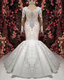 Elegant Mermaid Long Sleeves Wedding Dresses | Lace Appliques Crystal Sexy V-Neck Bridal Gowns
