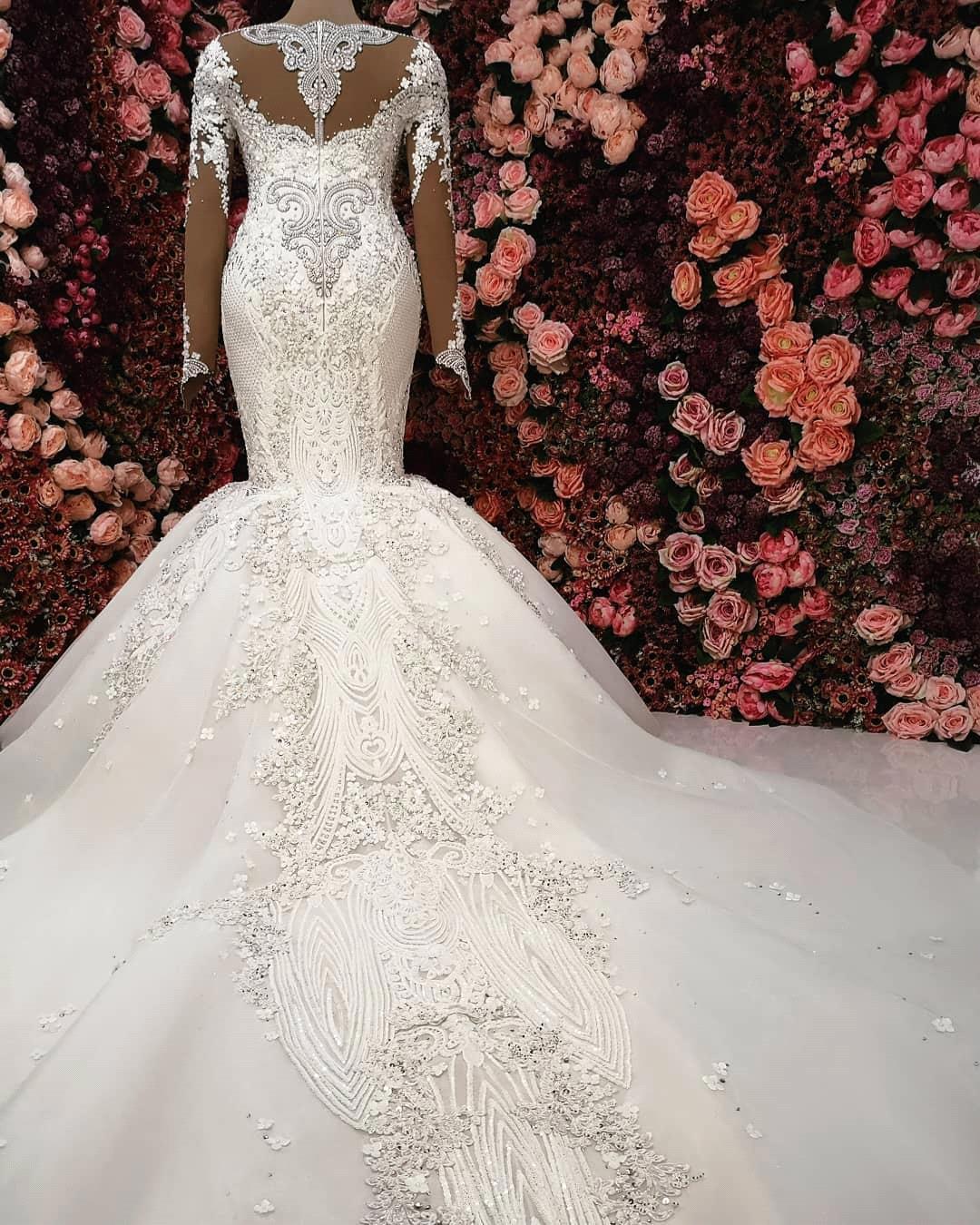Elegant Mermaid Long Sleeves Wedding Dresses | Lace Appliques Crystal Sexy V-Neck Bridal Gowns