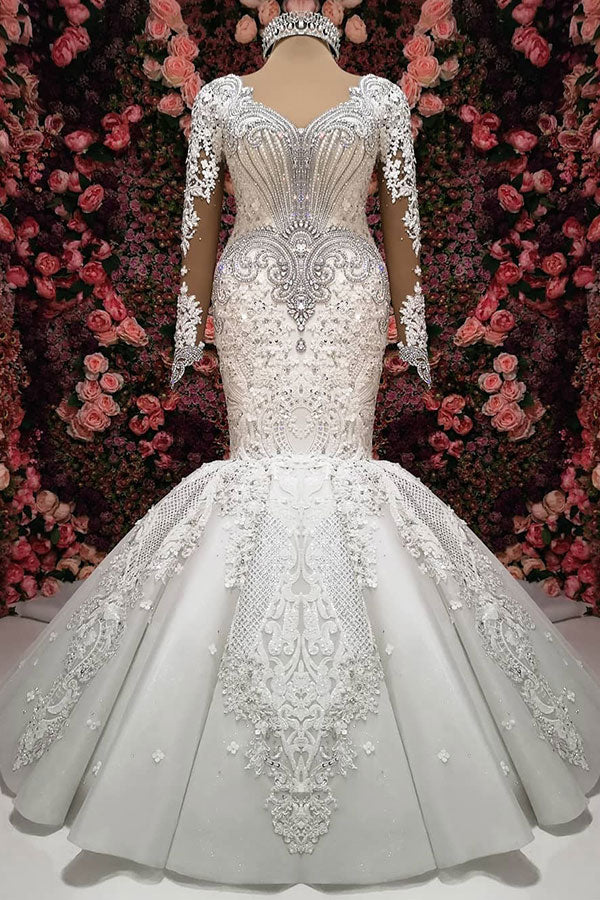 Elegant Mermaid Long Sleeves Wedding Dresses | Lace Appliques Crystal Sexy V-Neck Bridal Gowns