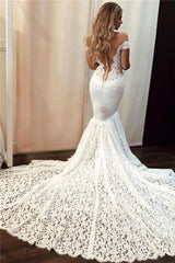 Elegant Mermaid Off Shoulder Wedding Dress Sleeveless Lace Bridal Gowns with Court Train