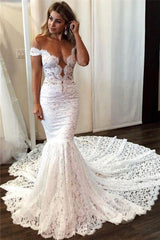 Elegant Mermaid Off Shoulder Wedding Dress Sleeveless Lace Bridal Gowns with Court Train