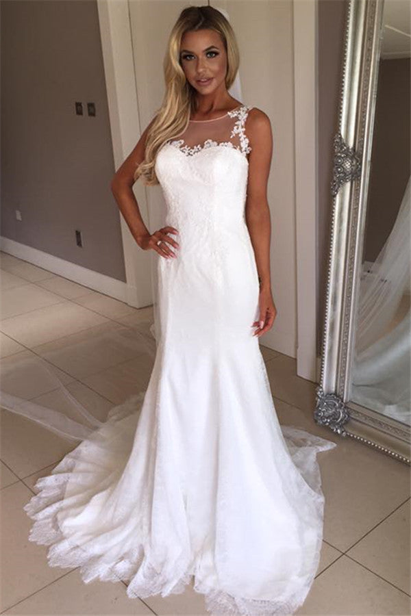 Elegant Mermaid Sleeveless Wedding Dress | Lace Appliques Bridal Gowns