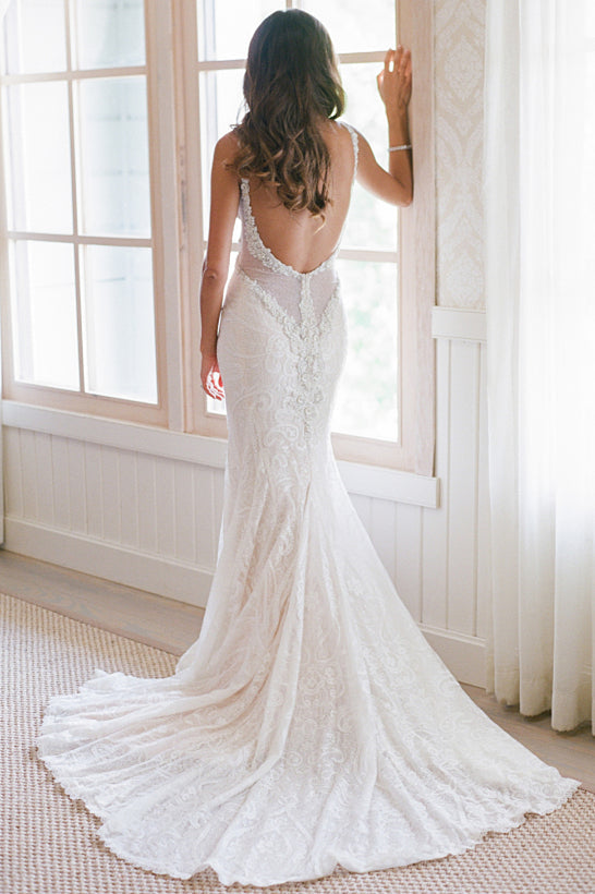 Elegant Mermaid Spaghetti Strapless Bridal Gown Lace Backless Trumpet Court Train Wedding Dress | Suzhoufashion Elegant Mermaid Spaghetti Strapless Bridal Gown Lace Backless Trumpet Court Train Wedding Dress | Suzhoufashion