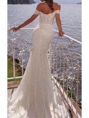 Elegant Mermaid Wedding Dress Off Shoulder Lace Short Sleeves Bridal Gowns with Court Train