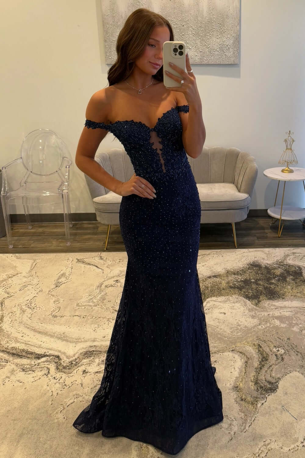 Suzhoufashion Navy Prom Dress Off The Shoulder Mermaid Long Lace Formal  Dress  suzhoufashion