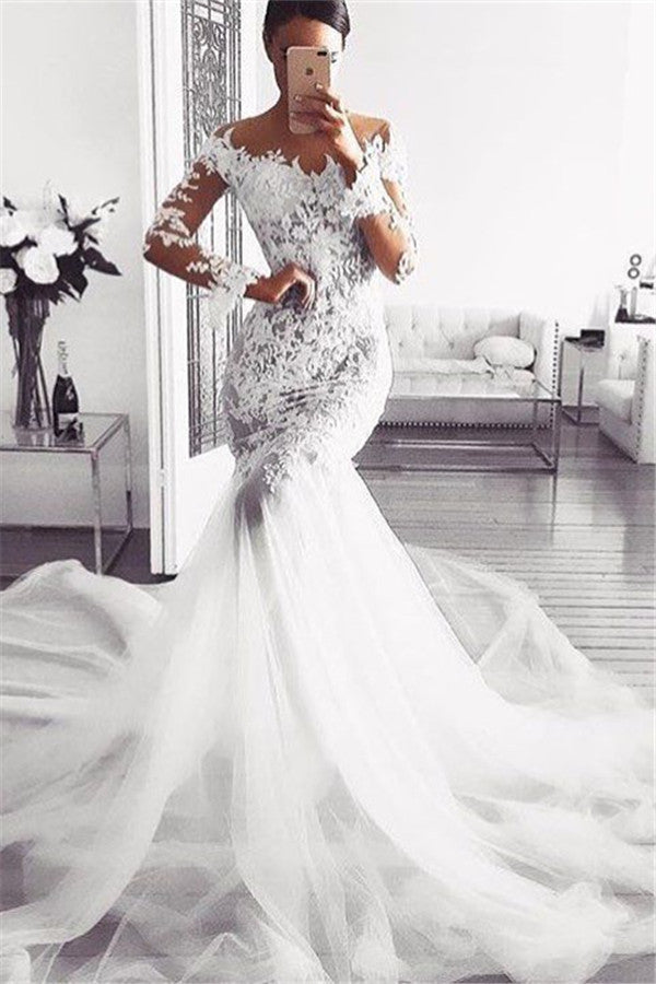 Elegant Off Shoulder Beach Wedding Dresses | Long Sleeves Mermaid Lace Bridal Gowns