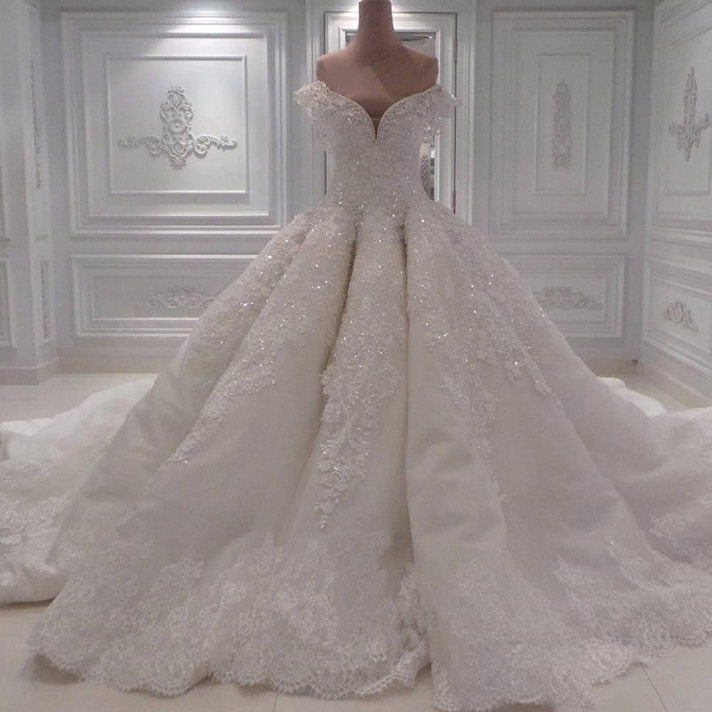 Elegant Off Shoulder Lace Wedding Dresses | Glamorous Beaded Bridal Ball  Gown