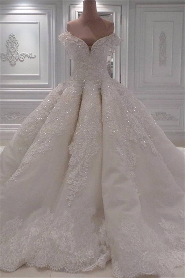 Elegant Off Shoulder Lace Wedding Dresses | Glamorous Beaded Bridal Ball Gown