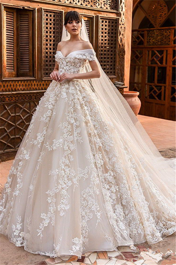 Elegant Off Shoulder Tulle Wedding Dresses | Puffy 3d-Flowers Bridal Gowns