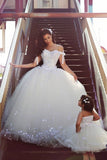 Elegant Off Shoulder White Ball Gown Wedding Dress Lace Tulle Custom Made Puffy Bridal Gowns