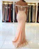 Elegant Off The Shoulder Tulle Nude Pink Appliques Mermaid Prom Dresses