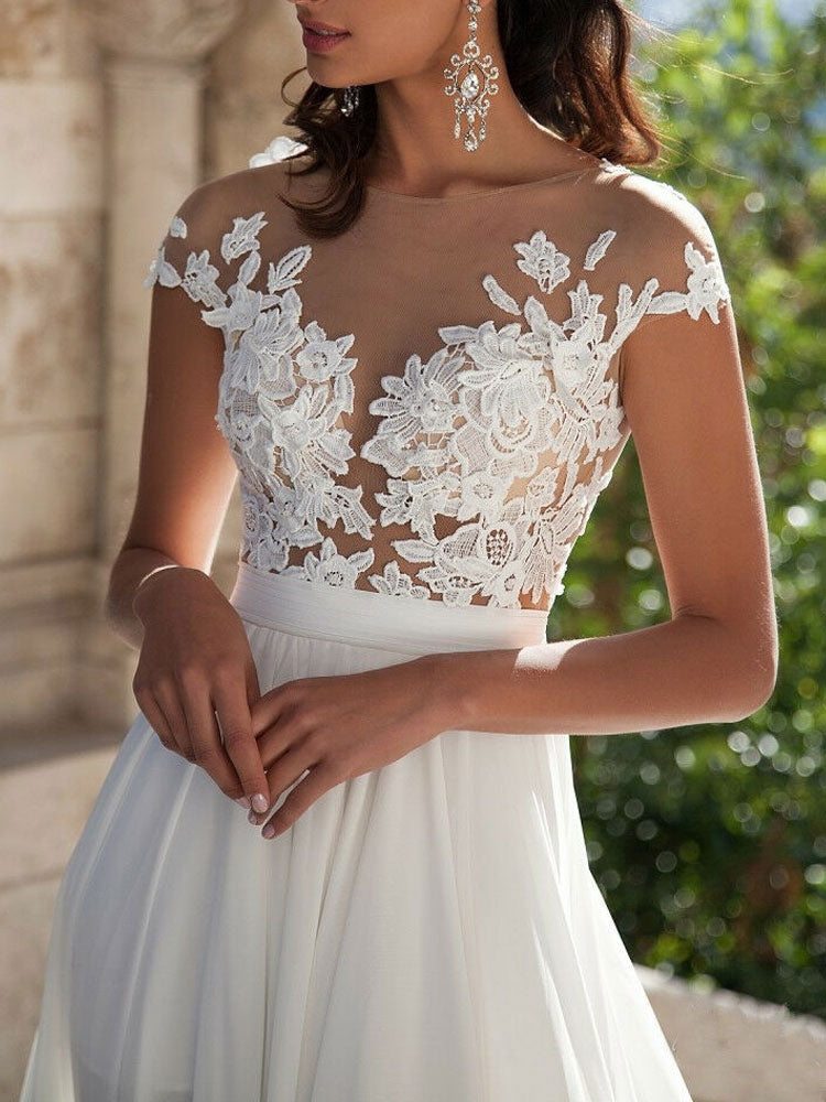 Elegant Off The Shoulder White Split Ruffles Beach Wedding Dresses WIth Lace Appliques