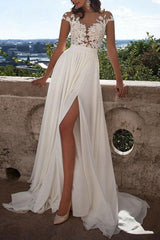 Elegant Off The Shoulder White Split Ruffles Beach Wedding Dresses WIth Lace Appliques