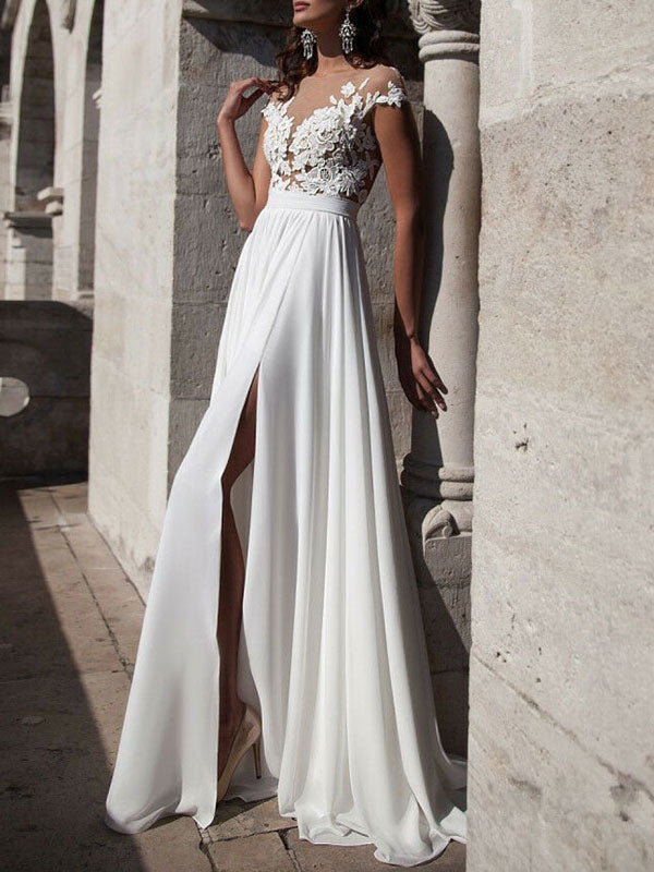 Elegant Off The Shoulder White Split Ruffles Wedding Dresses WIth Lace Appliques