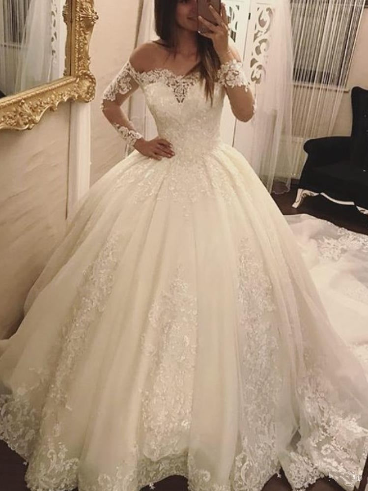 Elegant Off-the-Shoulder Long Sleeves Wedding Dresses | Tulle Appliques Bridal Gowns with Beadings