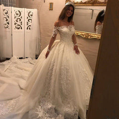 Elegant Off-the-Shoulder Long Sleeves Wedding Dresses | Tulle Appliques Bridal Gowns with Beadings