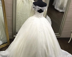 Elegant Off-the-Shoulder Long Sleeves Wedding Dresses | Tulle Appliques Bridal Gowns with Beadings