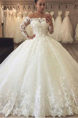 Elegant Off-the-Shoulder Long Sleeves Wedding Dresses | Tulle Appliques Bridal Gowns with Beadings