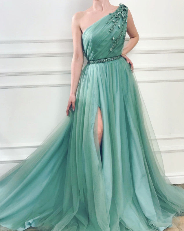 Elegant One Shoulder Flowers Evening Dresses | Ruffles Prom Dresses
