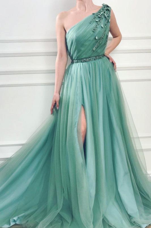 Elegant One Shoulder Flowers Evening Dresses | Ruffles Prom Dresses