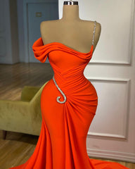 Elegant One-should Sleeveless Mermaid Satin Prom Dresses with Ruffles