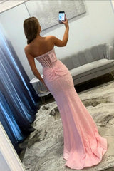Elegant Pink Sweetheart Mermaid Corset Beaded Prom Dress With High Slit Formal Evening Gown
