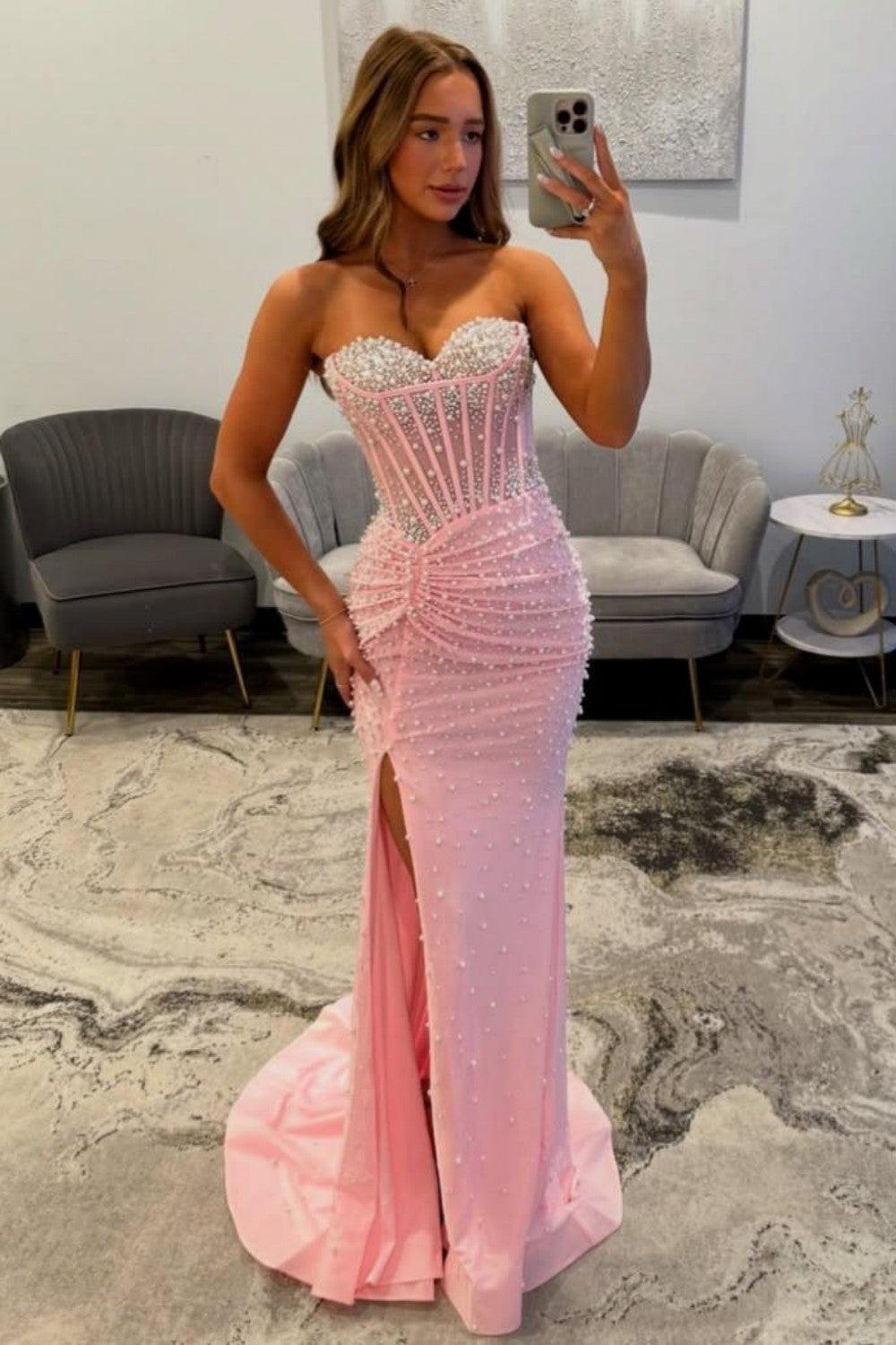 Elegant Pink Sweetheart Mermaid Corset Beaded Prom Dress With High Slit Formal Evening Gown