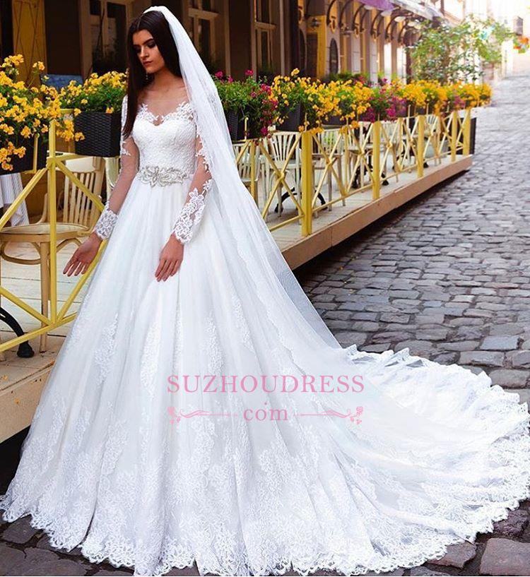 Elegant Princess Crystal Lace Long-Sleeve Wedding Dresses